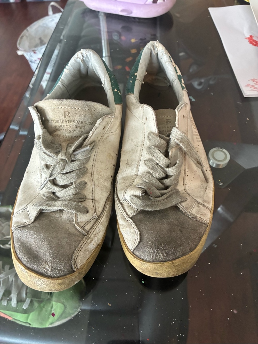 Golden Goose White and Green Low-Top Sneakers